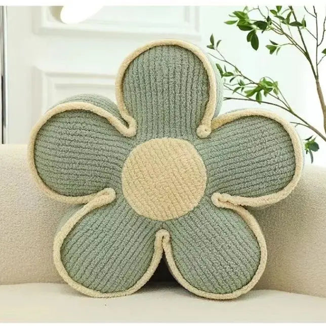 coussin moderne fleurs arrondies bordure blanche couleur noir blanc jaune rose grisclair