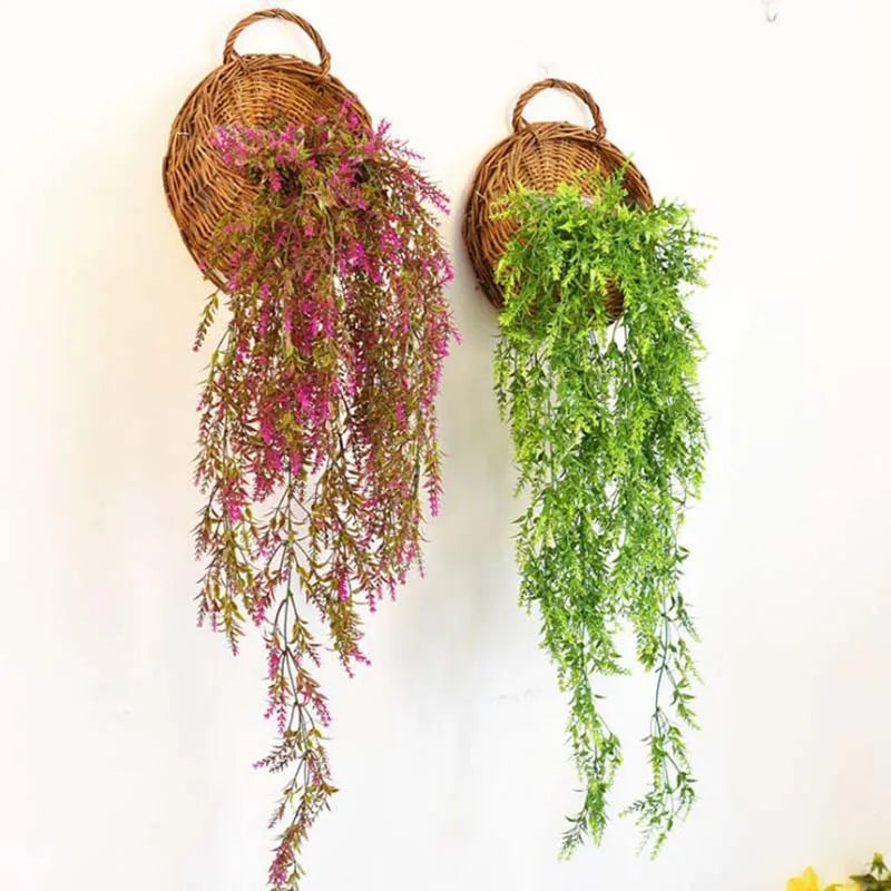 panier suspendu rotin osier jardinière murale fleurs artificielles décoration jardin rustique marron clair