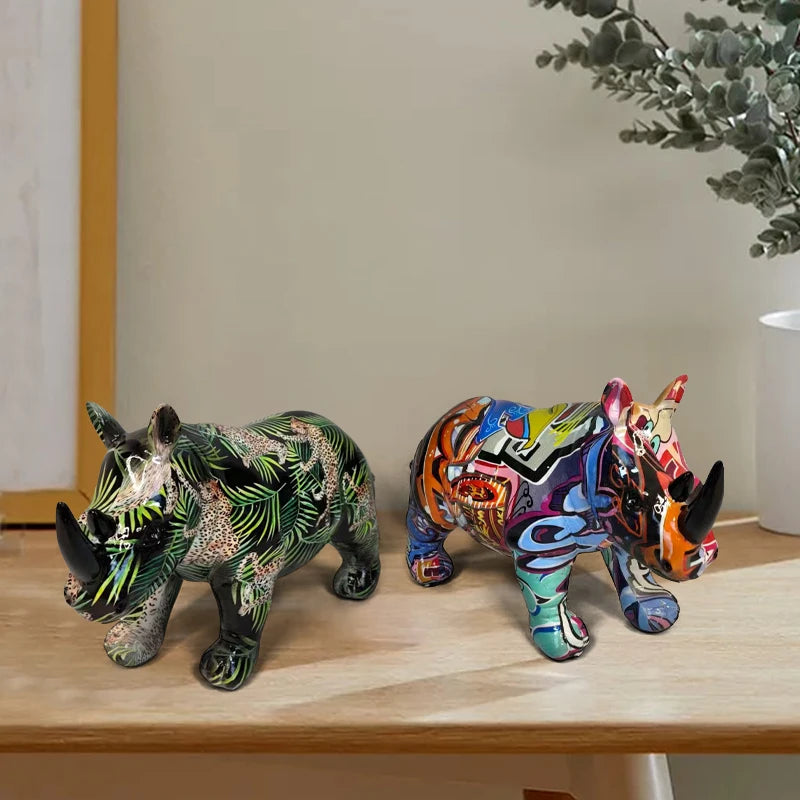 statuette rhinocéros abstraite graffiti animal résine décorative maison