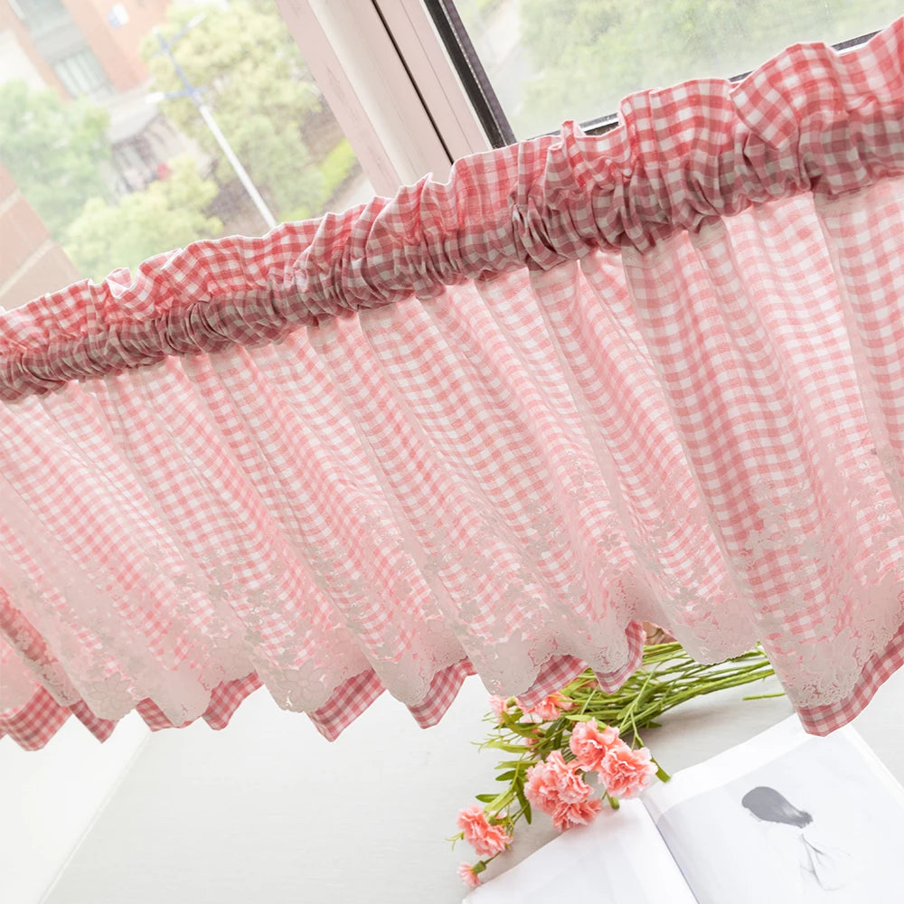 rideau valance gingham dentelle bleu blanc rose blanc noir blanc gris blanc rustique vintage