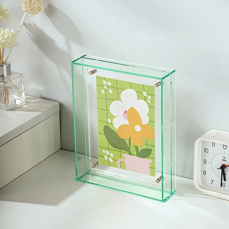 cadre photo moderne acrylique transparent floral bleu orange vert rose clips mural
