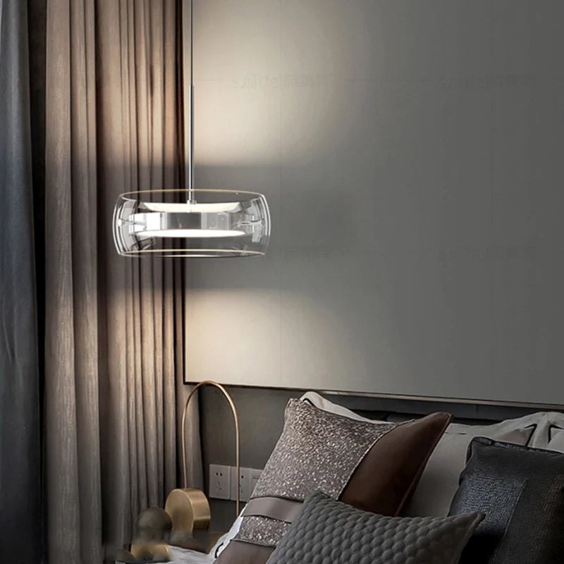 suspension lumineuse moderne transparente argentée lisse minimaliste pendentif chaîne métallique led dimmable