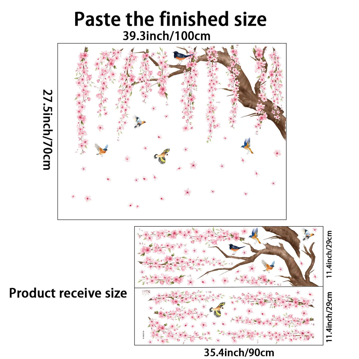 stickers muraux aquarelle cerisier fleurs oiseaux floral printemps naturel rose brun vert bleu pvc