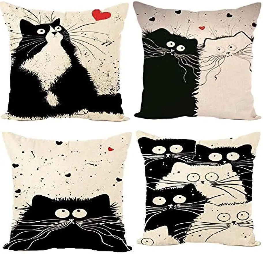 taie d'oreiller lin motif chats noir blanc moderne 45x45cm fixée