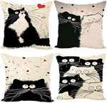 taie d'oreiller lin motif chats noir blanc moderne 45x45cm fixée