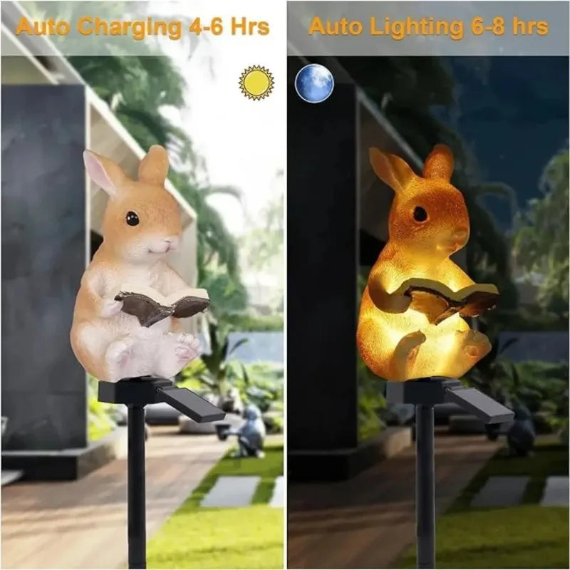 lampe solaire décorative animaux résine lapin hérisson livre tringle métallique extérieur ambre verte marron