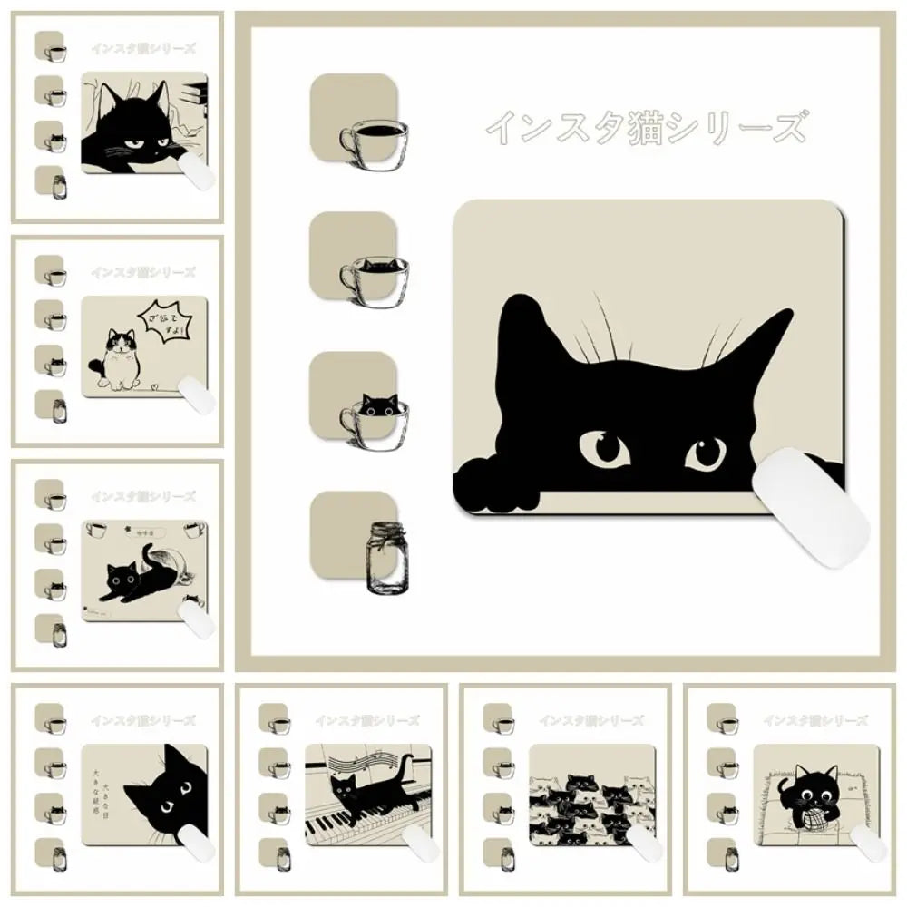 tapis souris chatons noirs dessin animé fond beige antidérapant caoutchouc imperméable