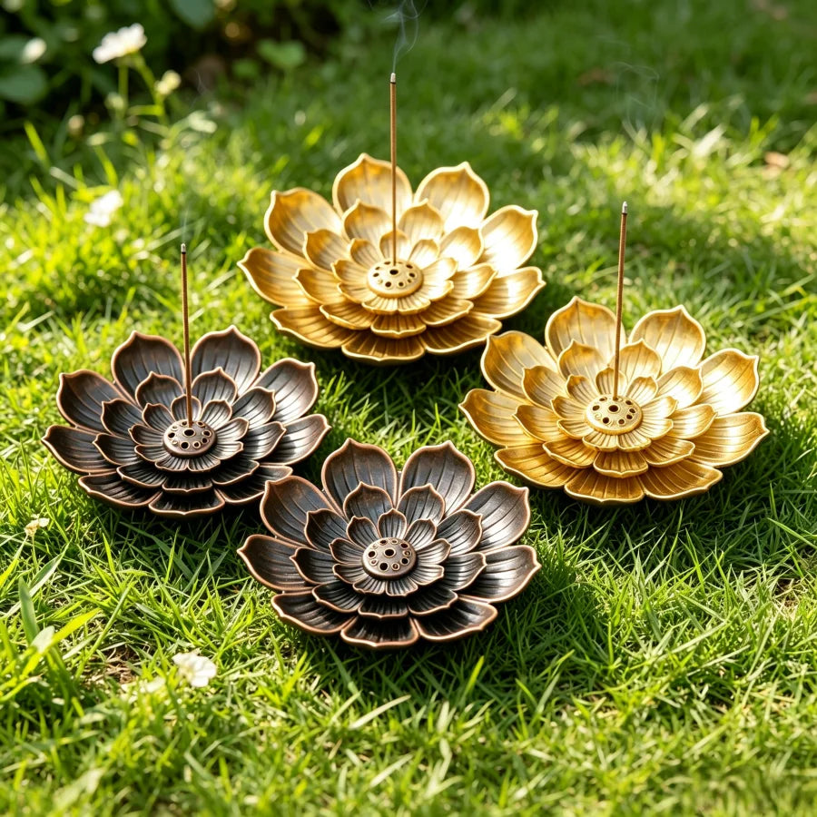 support incense lotus métal noir bronze doré décoration zen floral aromathérapie