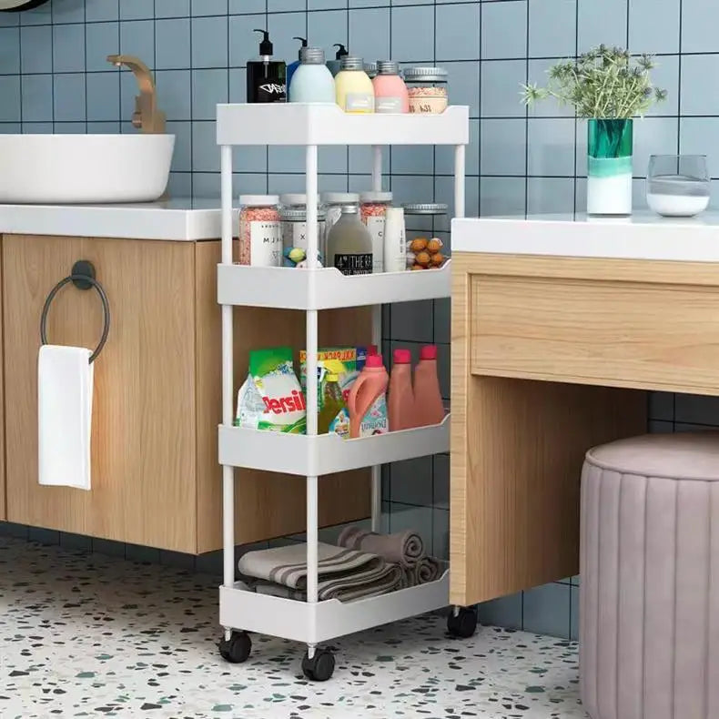 chariot roulettes moderne multi niveaux noir blanc rangement salle bain miroir serviettes produits toilette