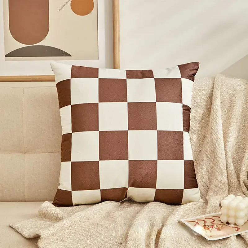 housse coussin carrée peluche carreaux géométriques moderne salon chambre canapé décoration intérieure