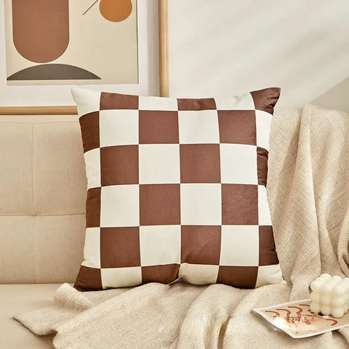 housse coussin carrée peluche carreaux géométriques moderne salon chambre canapé décoration intérieure