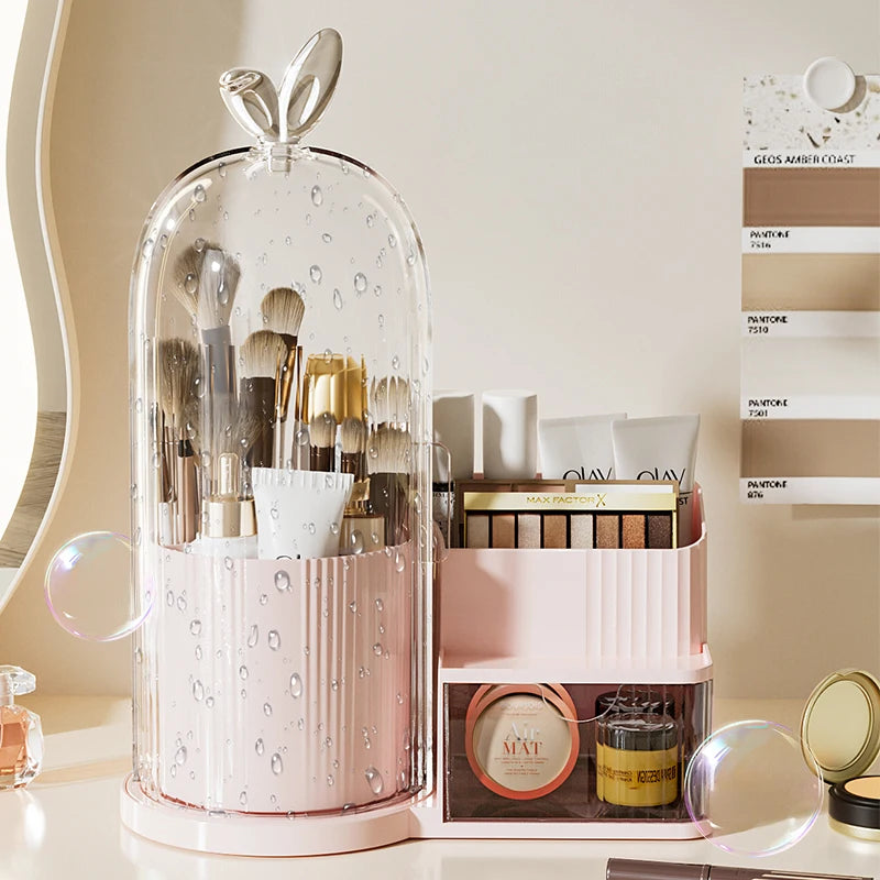 organisateur maquillage blanc rose moderne rayures transparent rangement palette crèmes brosse fards minimaliste