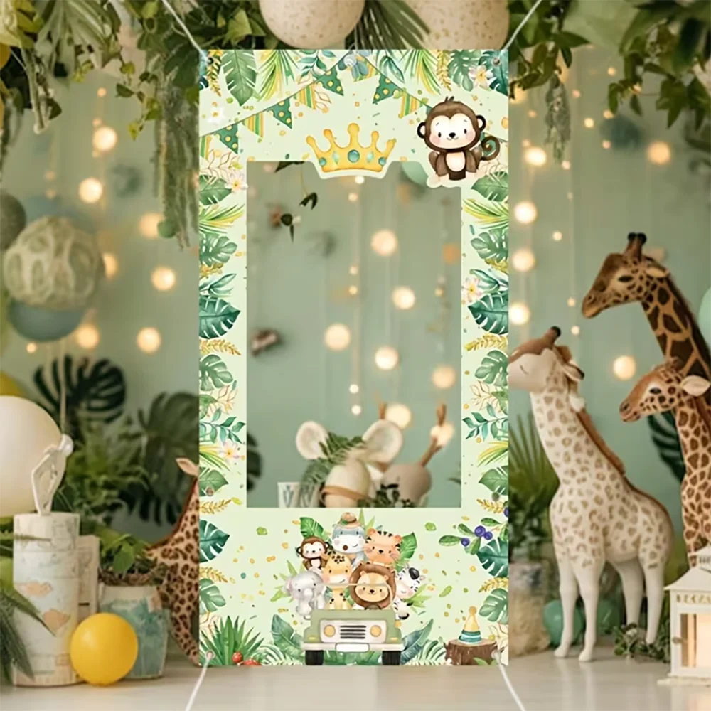cadre photo vinyle jungle animaux motifs feuilles vert clips festif anniversaire enfants décoration tropicale