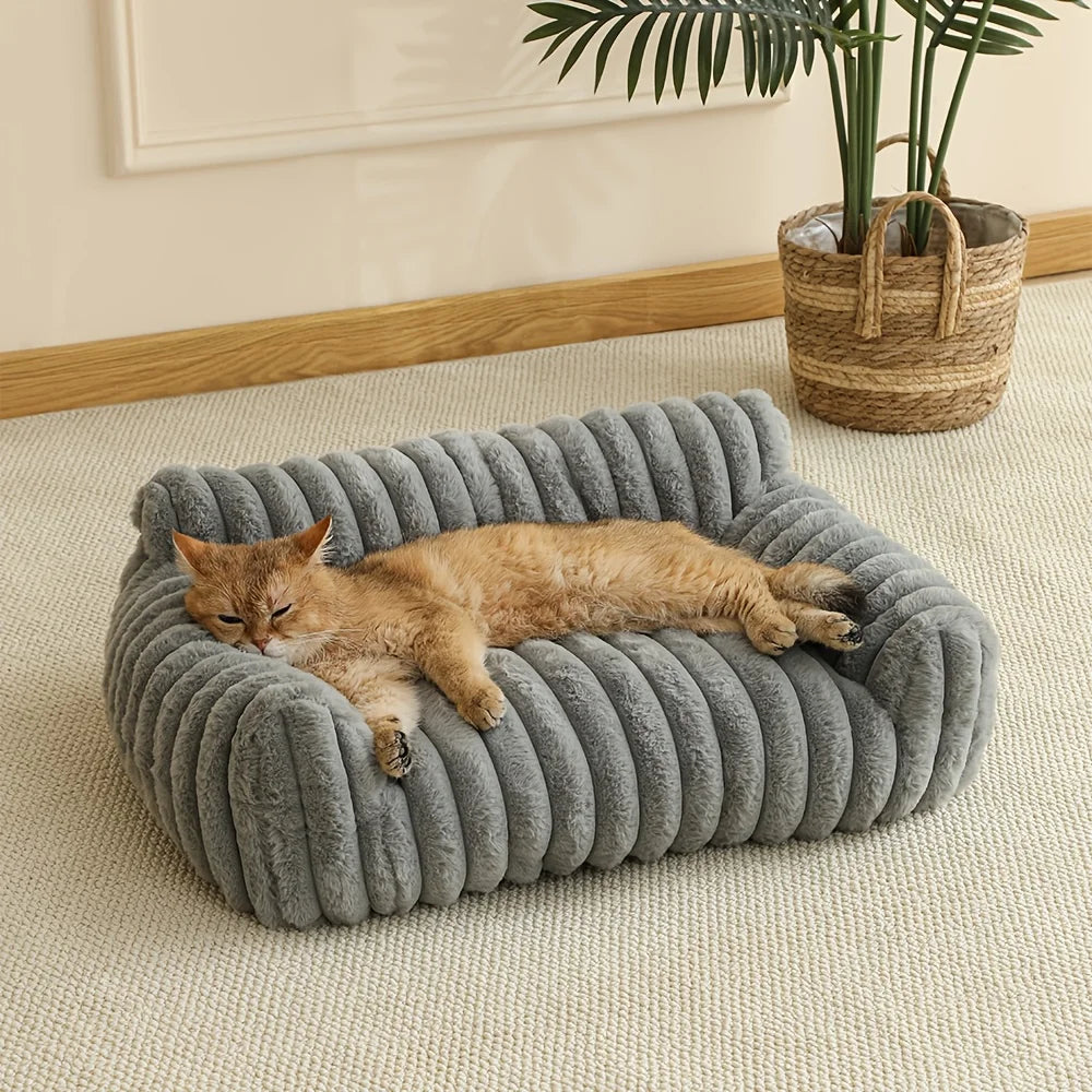 lit chat gris blanc velours rayures moderne confortable