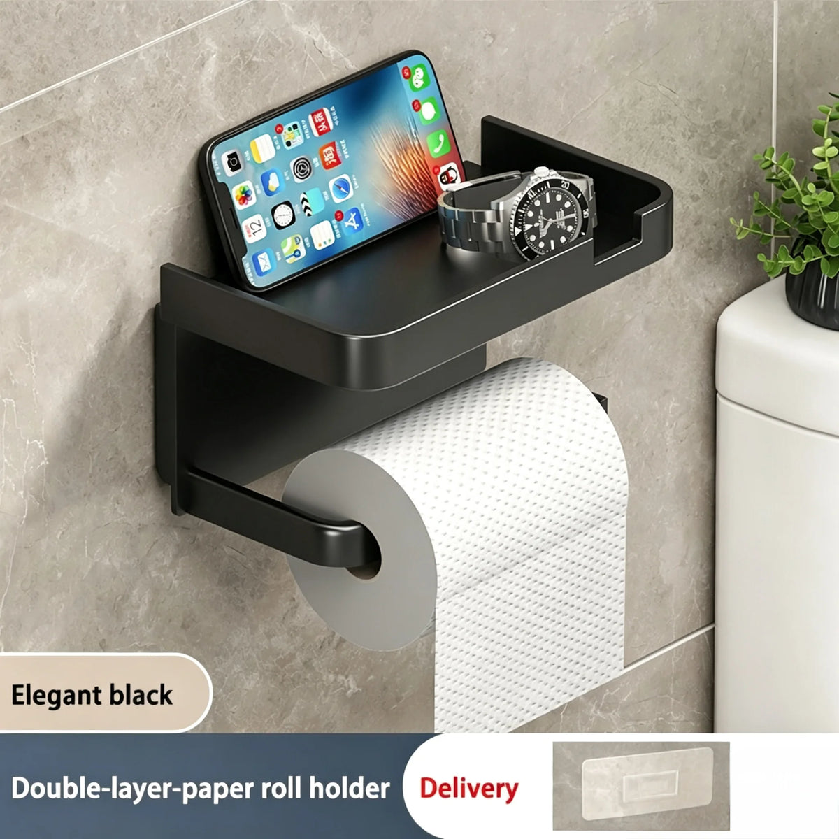 rangement mural moderne noir papier toilette étagère téléphone salle bain minimaliste adhésif flacons plantes