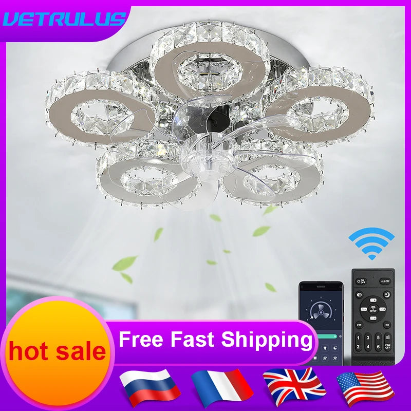 plafonnier led cristal moderne ventilateur transparent argenté élégant télécommande certifié ul cec FCC