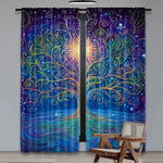rideau moderne arbre stylisé branches ondulées fond galactique étoiles polyester bleu violet jaune vert