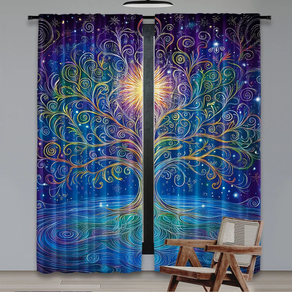 rideau moderne arbre stylisé branches ondulées fond galactique étoiles polyester bleu violet jaune vert