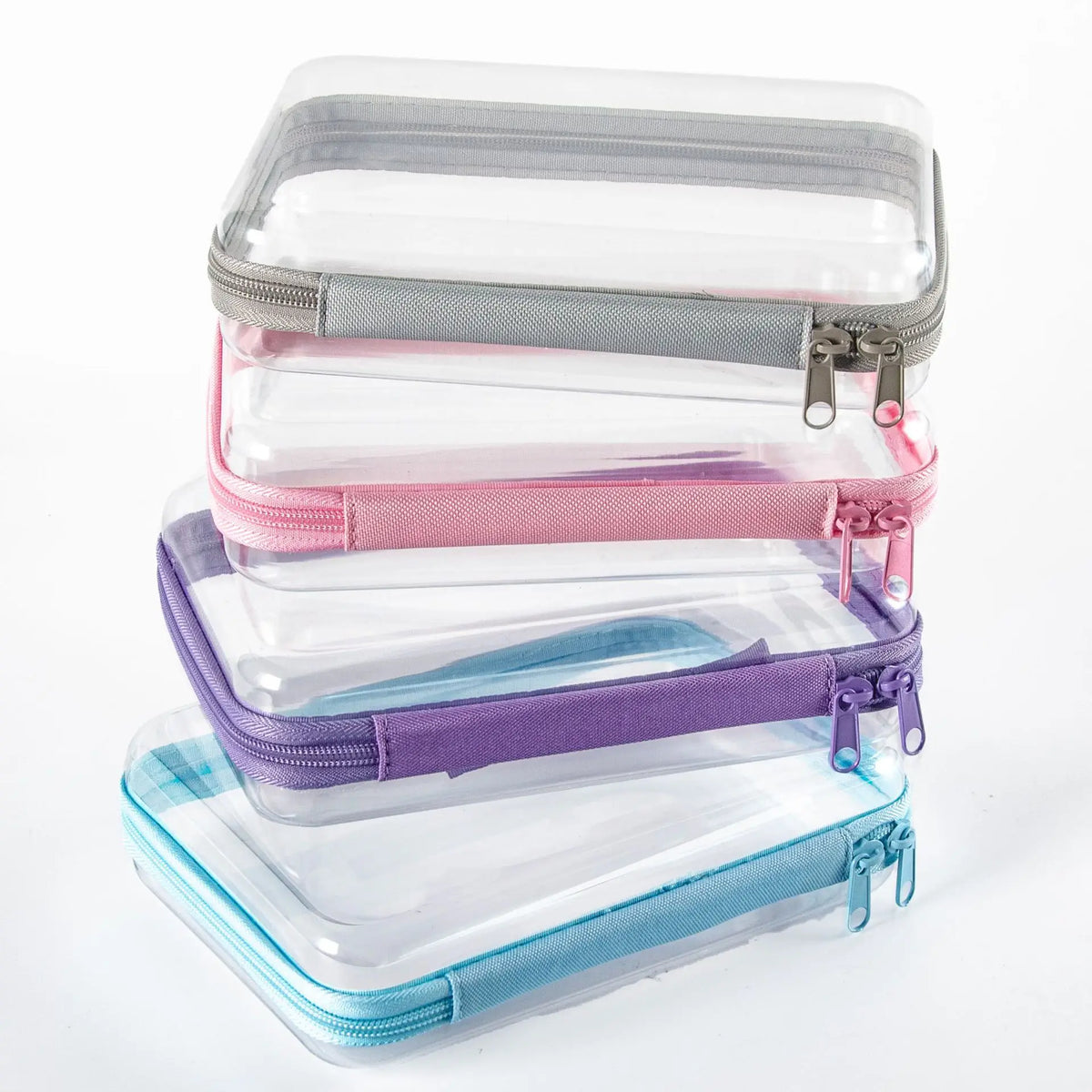 boîtes rangement transparentes réutilisables fermeture glissière couleurs rose violet bleu clair moderne pratique diverse