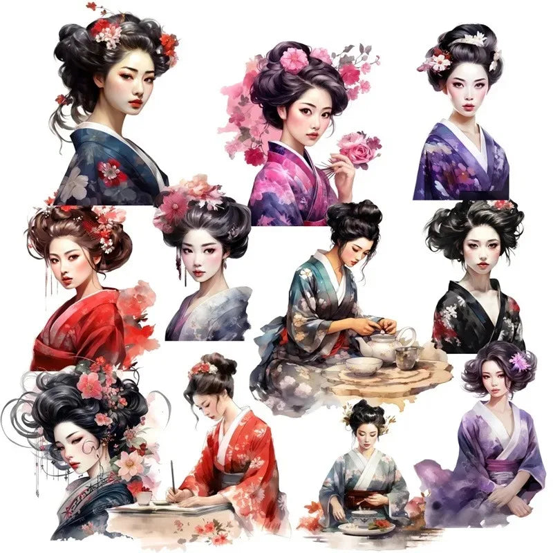 sticker aquarelle femme kimono fleur rouge violet noir traditionnel adhésif papeterie artisanal japonaisDecorationScrapbooking