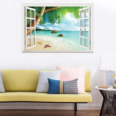 Autocollant mural fausse fenêtre vue mer plage palmier