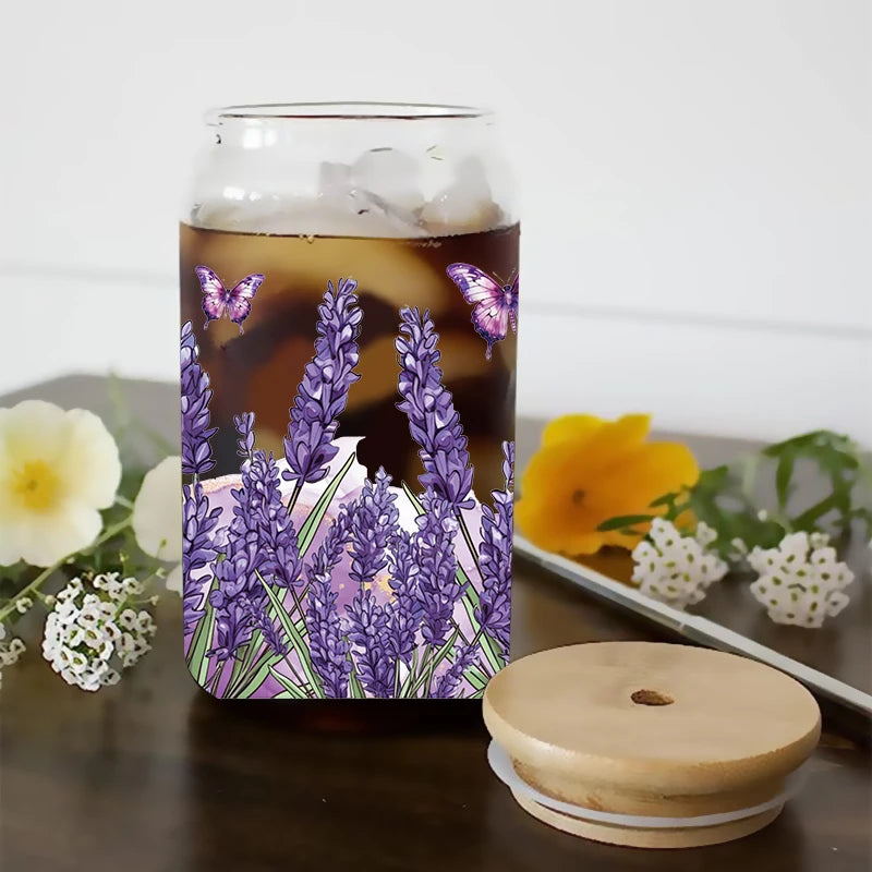 autocollants décoration diy fleurs illustration bocal verre transparent papillons roses lavande bois