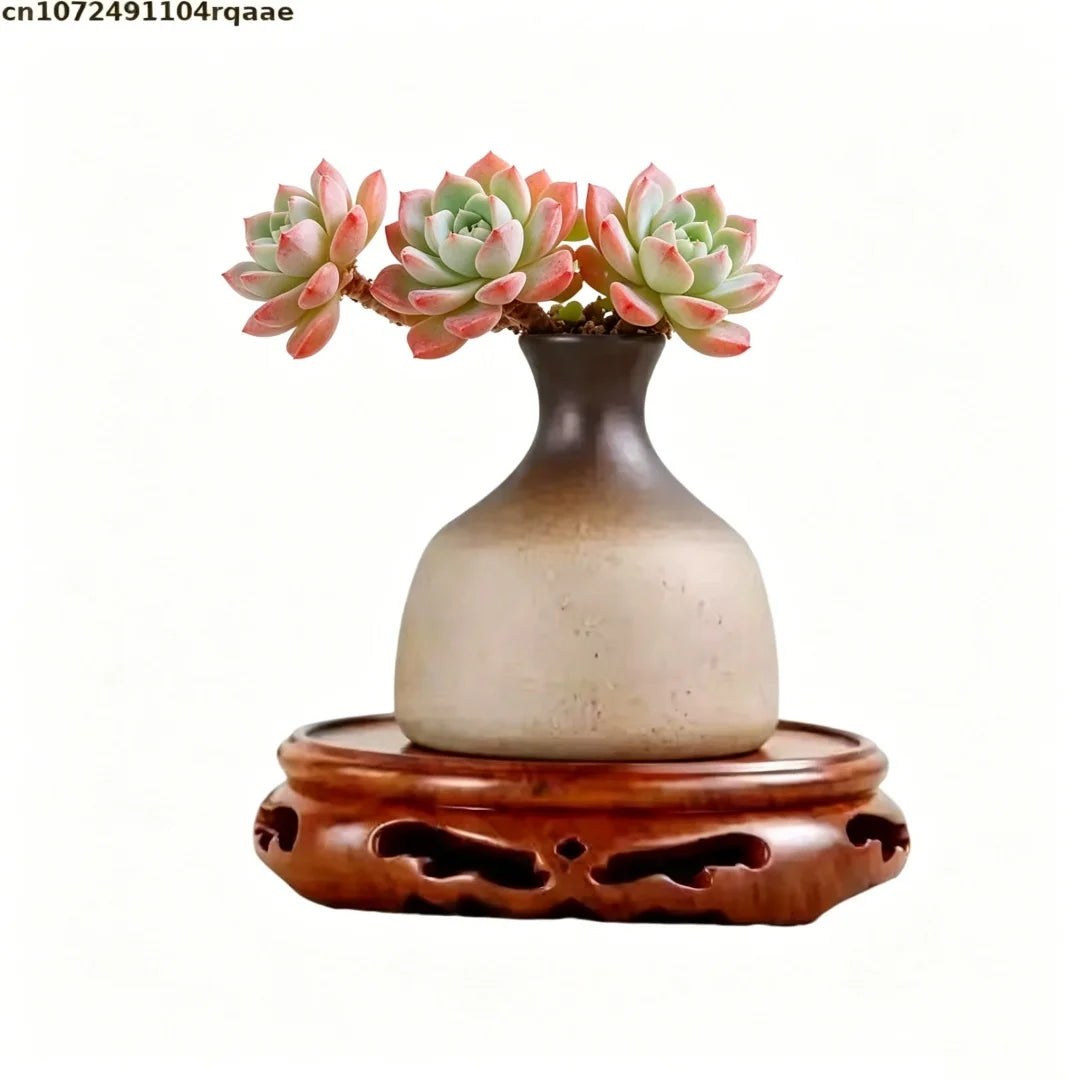 support bois traditionnel vase miniature plantes bonsaï marron sculpté décoration intérieure