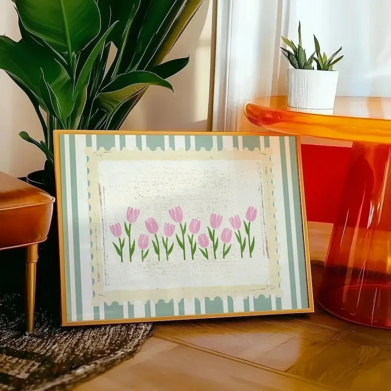 tableau moderne tulipes vertes rose toile sans cadre chambre salon minimaliste