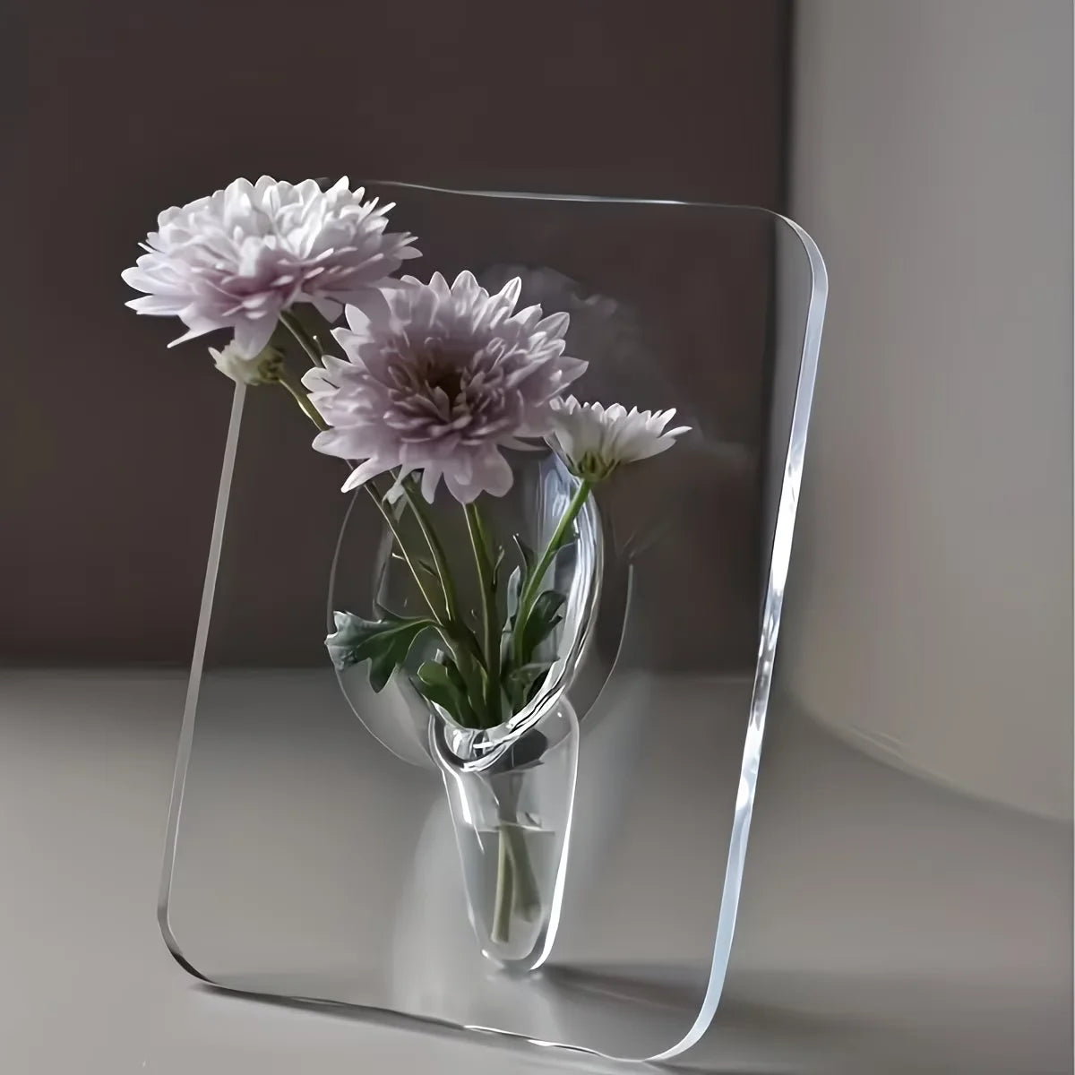 support mural transparent moderne vase intégré exposant fleurs salon maison