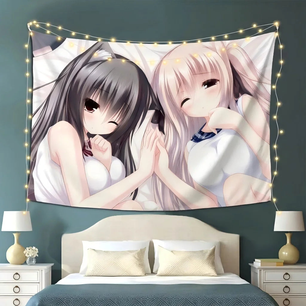 tapisserie anime oreilles chat blanc noir personnages animés chambre décoration murale tissu polyestère lavable