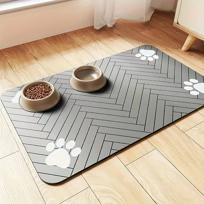 tapis absorbant animaux gris rayures moderne antidérapant lavable deux bols