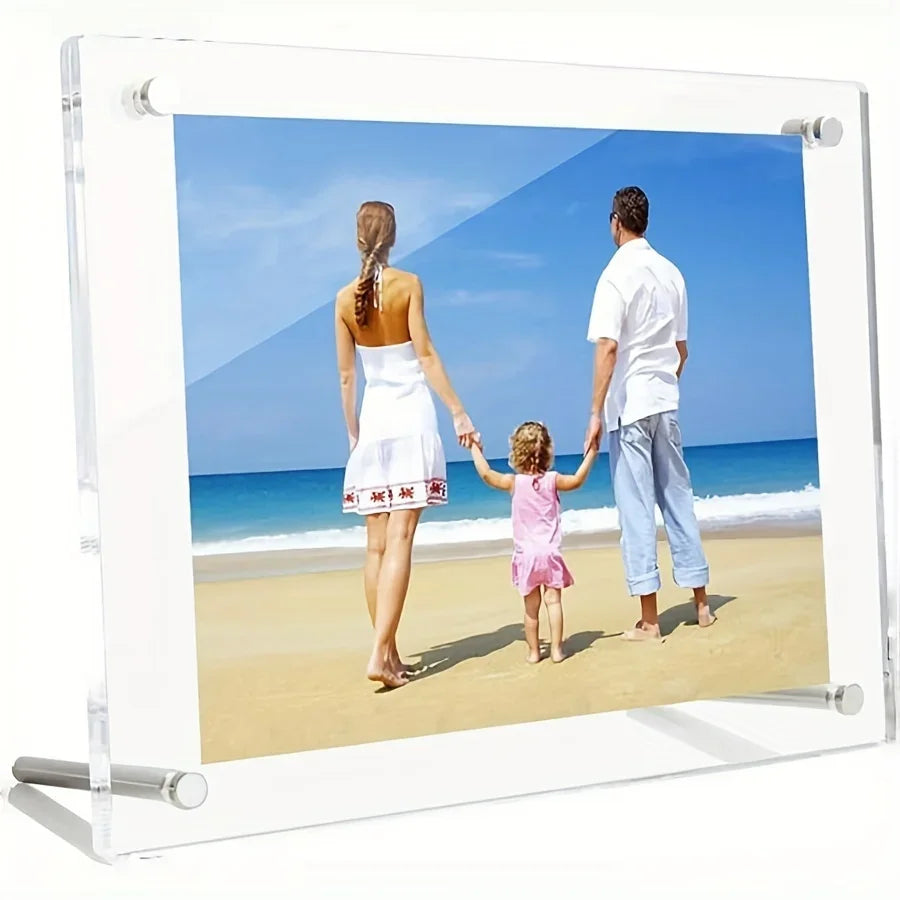 cadre photo acrylique transparent moderne famille plage paysage fixations argentées minimaliste