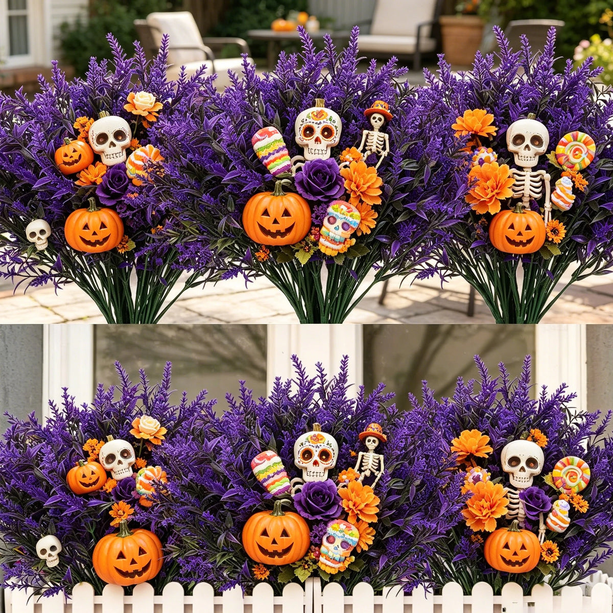 bouquets artificiels halloween crânes citrouilles fleurs violet orange blanc noirextérieur exposition