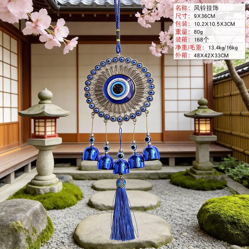pendant ethnique attrape rêves œil bleu argenté clochettes métal maison jardinextérieur