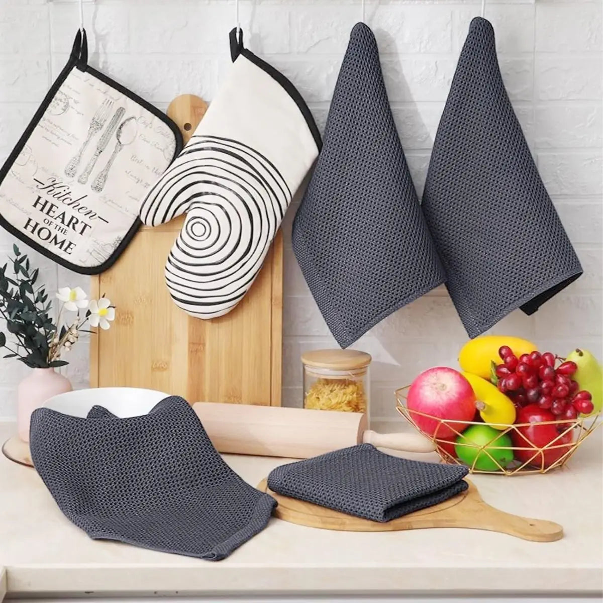 serviettes cuisine coton beige gris rouge maille fine moderne