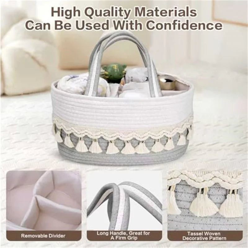 panier tressé rangement couches lingettes bébé rustique gris blanc beige