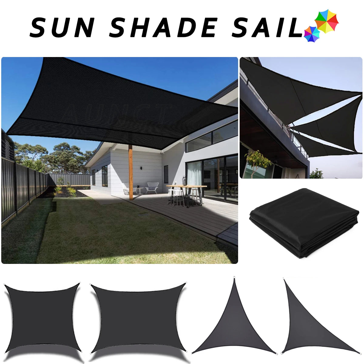 voile d'ombrage soleil noir imperméable terrasse jardin piscine anneaux métalliques