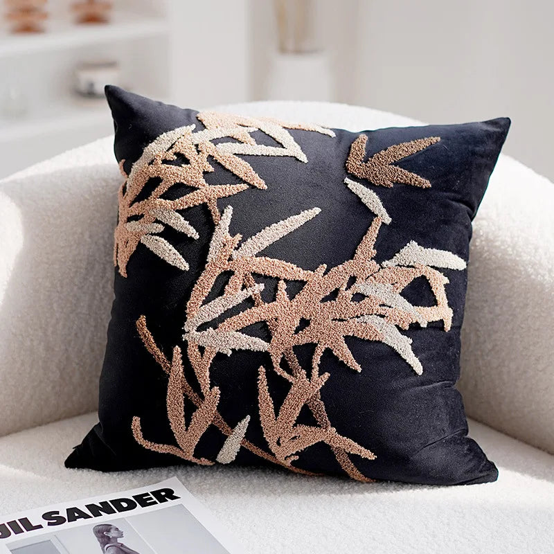taies d'oreiller patchwork moderne motifs brodés couleurs variées géométriques fleurs beige marron noir blanc