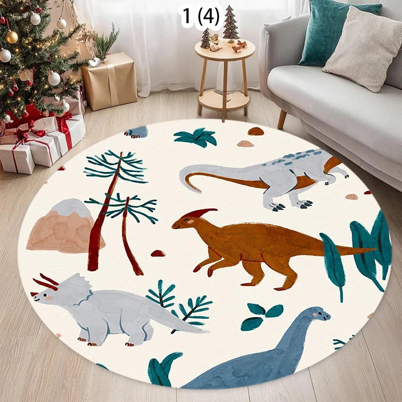 tapis rond dinosaures enfants moderne salon chambre décoration polyester blanc marron vert bleu gris