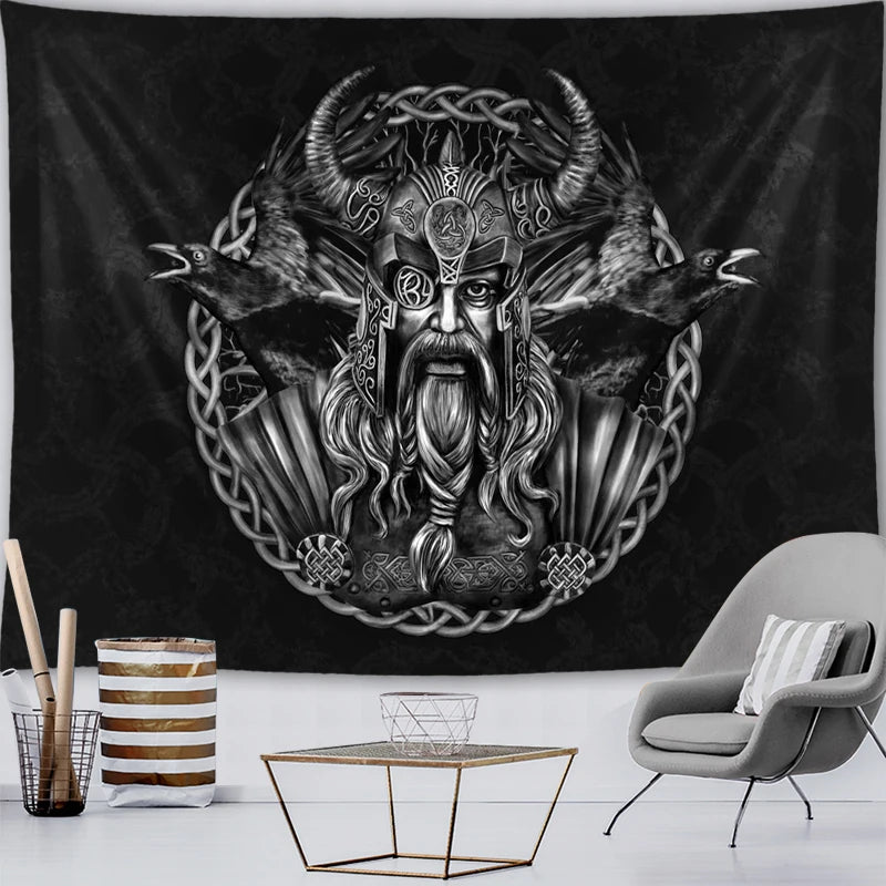 Détail du motif crâne et alien sur tapisserie en polyester