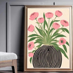 tableau moderne toile fleurs roses feuilles vertes vase rayé noir blanc minimaliste