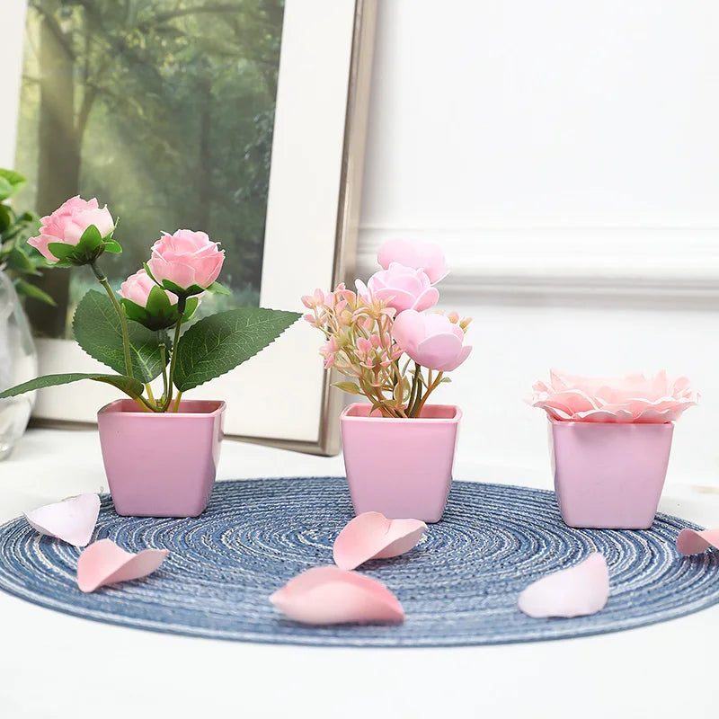 plantes artificielles bonsaï vert rose clair feuilles pointues fleurs simples moderne minimaliste pots carrés