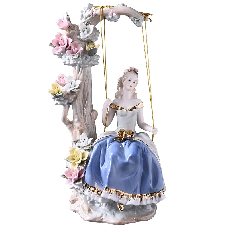 figurines decoratives ceramic bleu clair blanc rose fleurs sculptees classique rococó baroque chambre salon