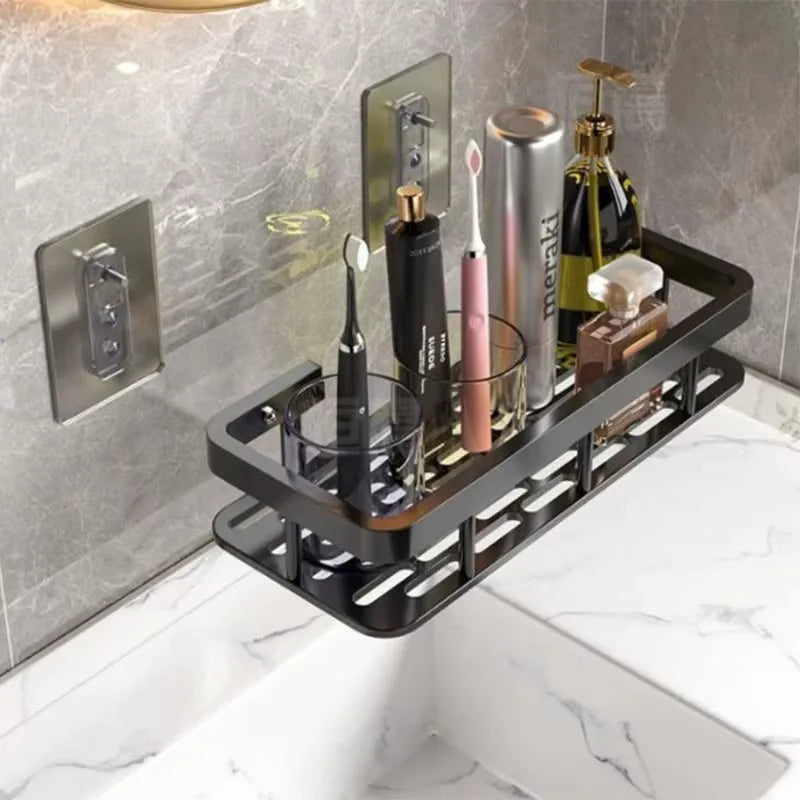 étagères salle bain noires modernes fixées mur alliage d'aluminium visibles