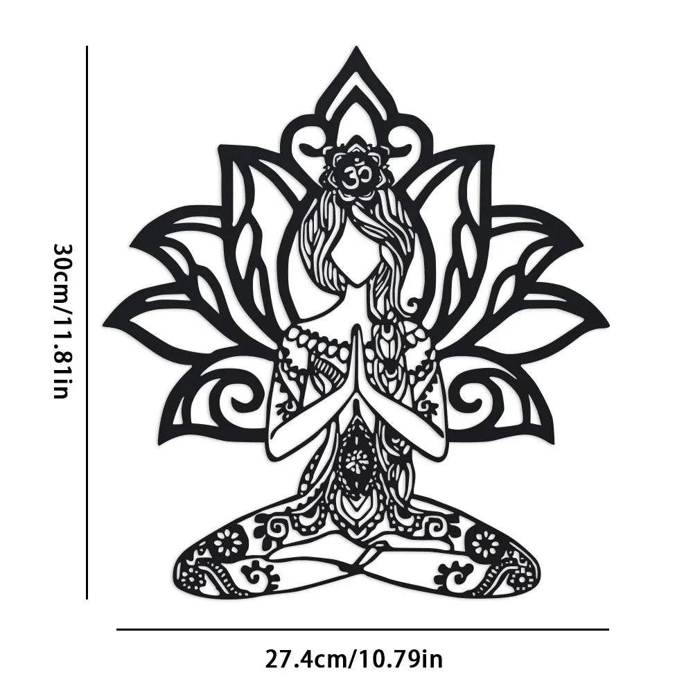 sculpture murale art contemporain femme yoga pose lotus motifs floraux géométriques noir