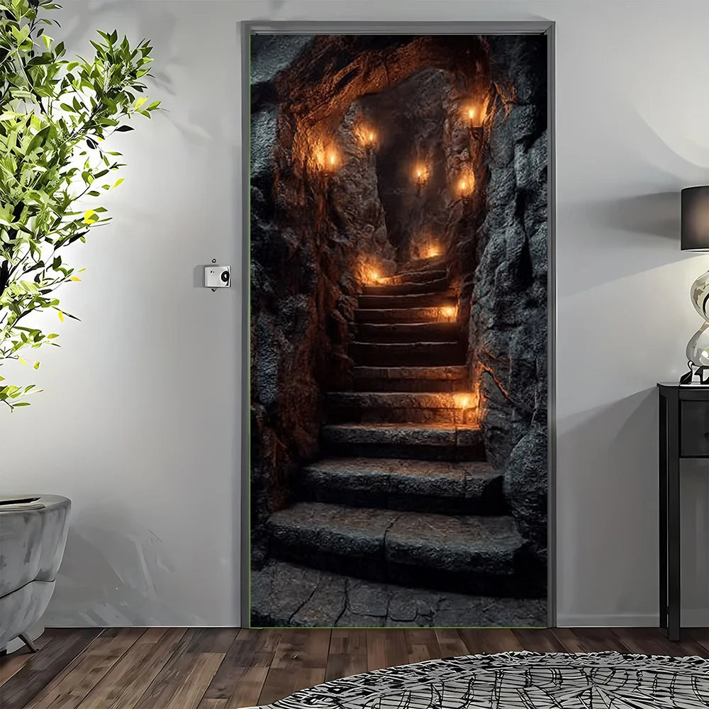 bannière décorative escalier grotte torches noir marron occasion anniversaire noel fantaisie opacité totale porte