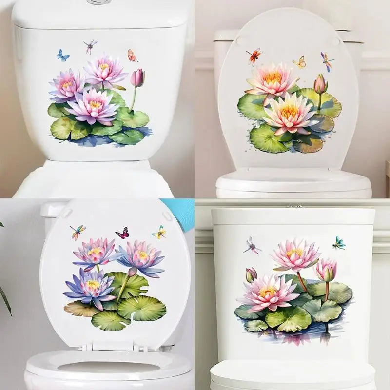 stickers decoratifs toilettes violet rose vert jaune fleurs lotus papillons peinture aquarelle salle bain