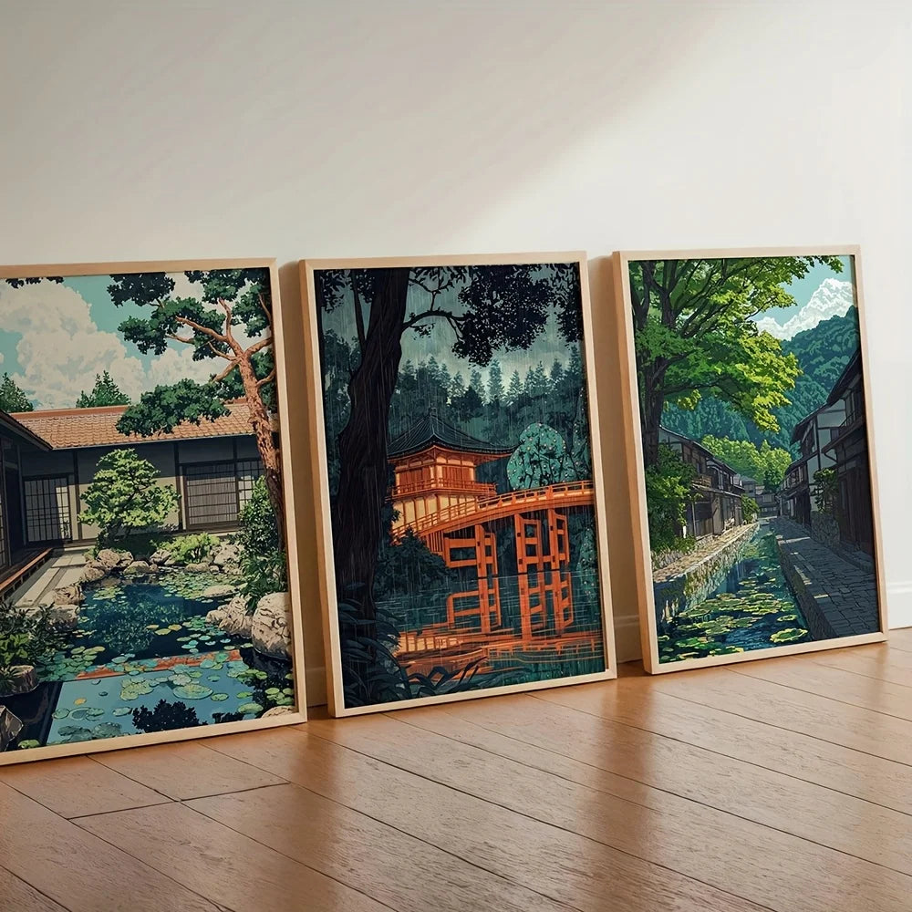 tableaux japonais traditionnels paysage urbain arbres bâtiments pont eau ciel décoration intérieure sans cadre