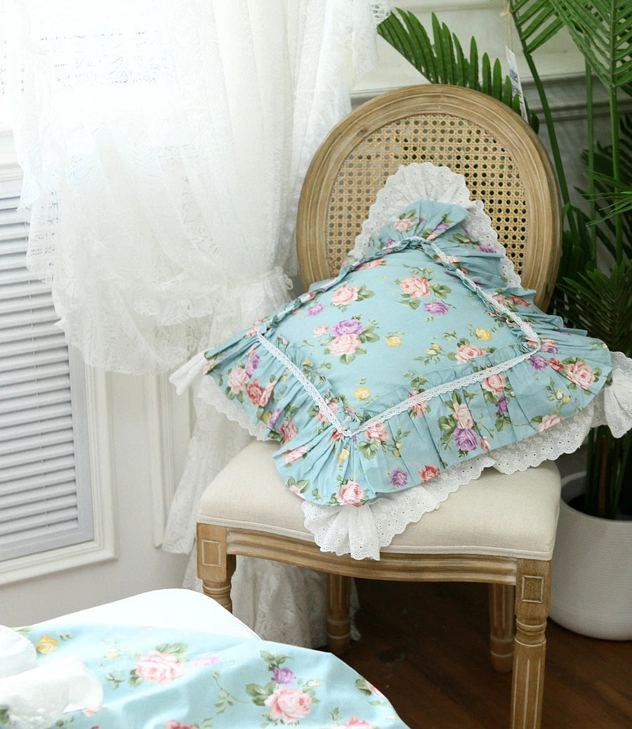 housses coussin fleur rose feuilles vertes vintage romantique opalescent adhésif rubans blancs coton carré