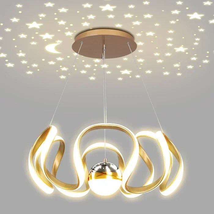 suspension lumineuse moderne noir doré boules lumière câbles suspendus forme circulaire ondulée